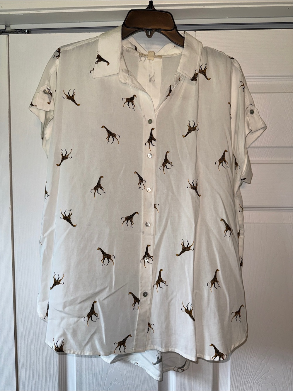 Jane and Delancey White Button-Up Blouse with Brown Giraffe Print